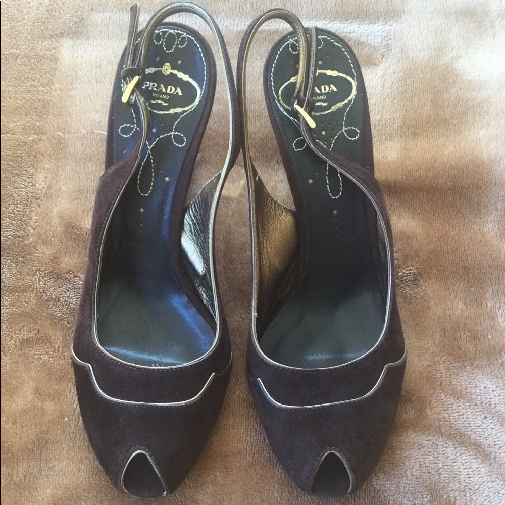 Prada suede slingback peep toe wedge heels